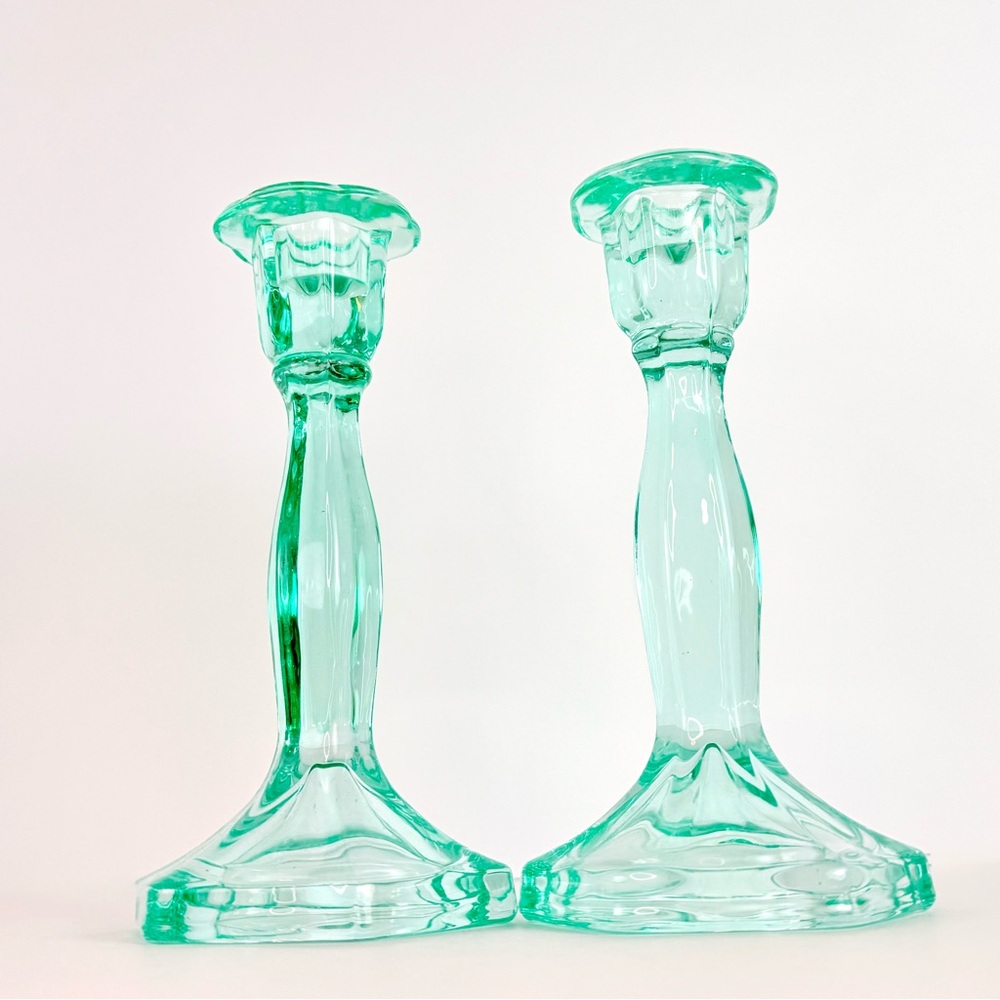 Vintage Set Of 2 Aqua Blue  Art Deco Glass Candlesticks Holders. Mid-Century Mod - Picture 6 of 13